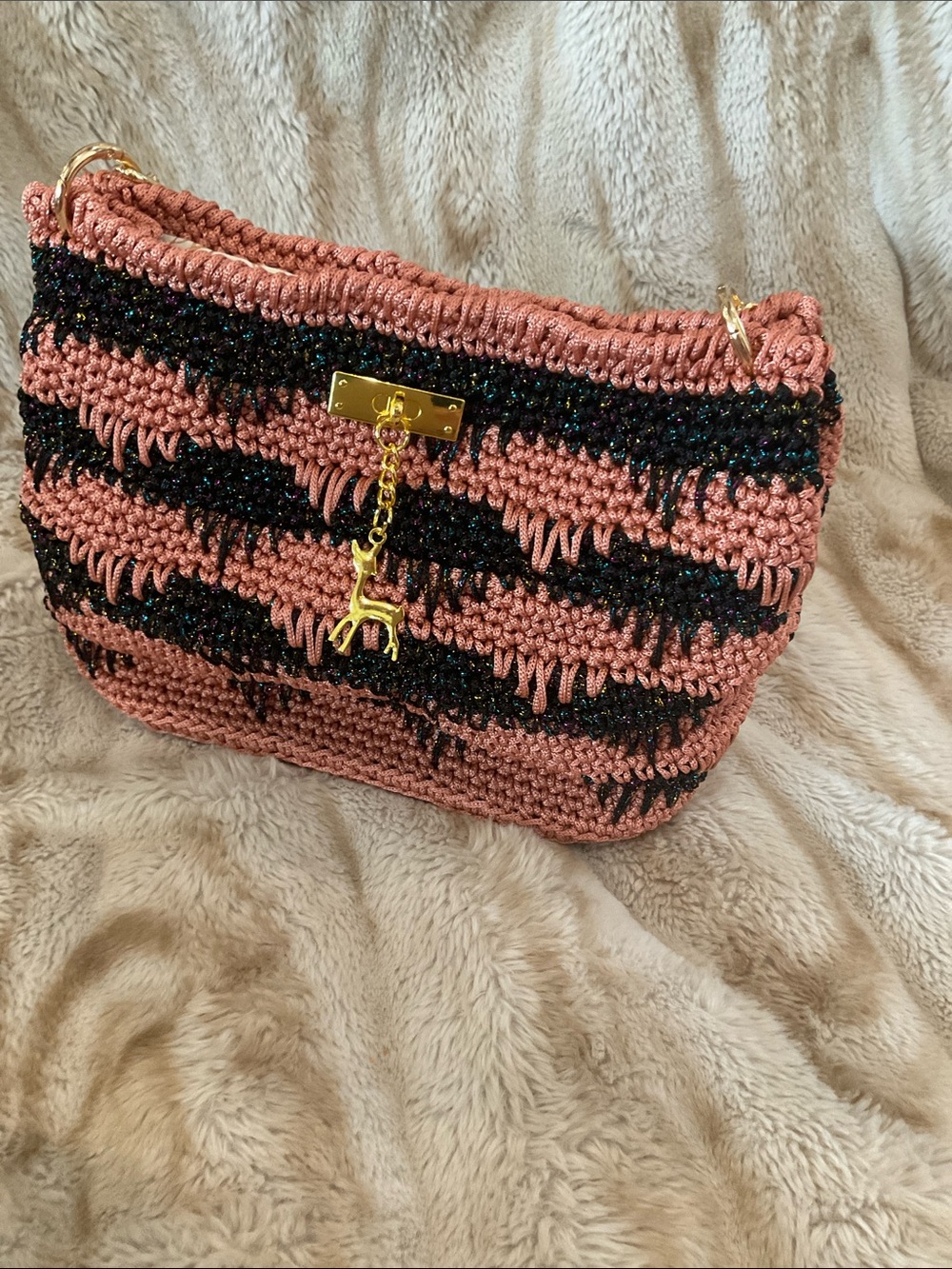 Hand Crocheted Peach and Black Crochet Shoulder Bag.  Handmade By Me!